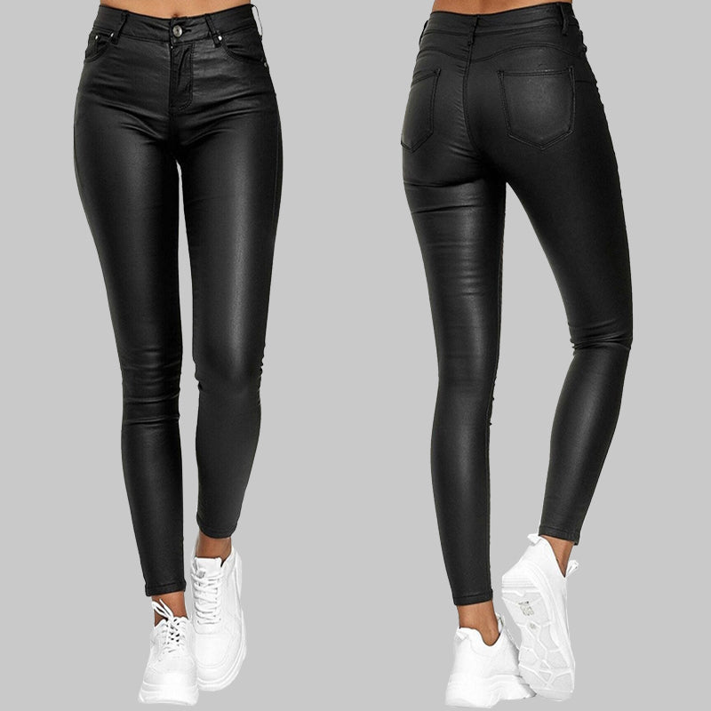 High-waisted faux leather skinny pants for women, embracing modern style & a bold day-to-night look.