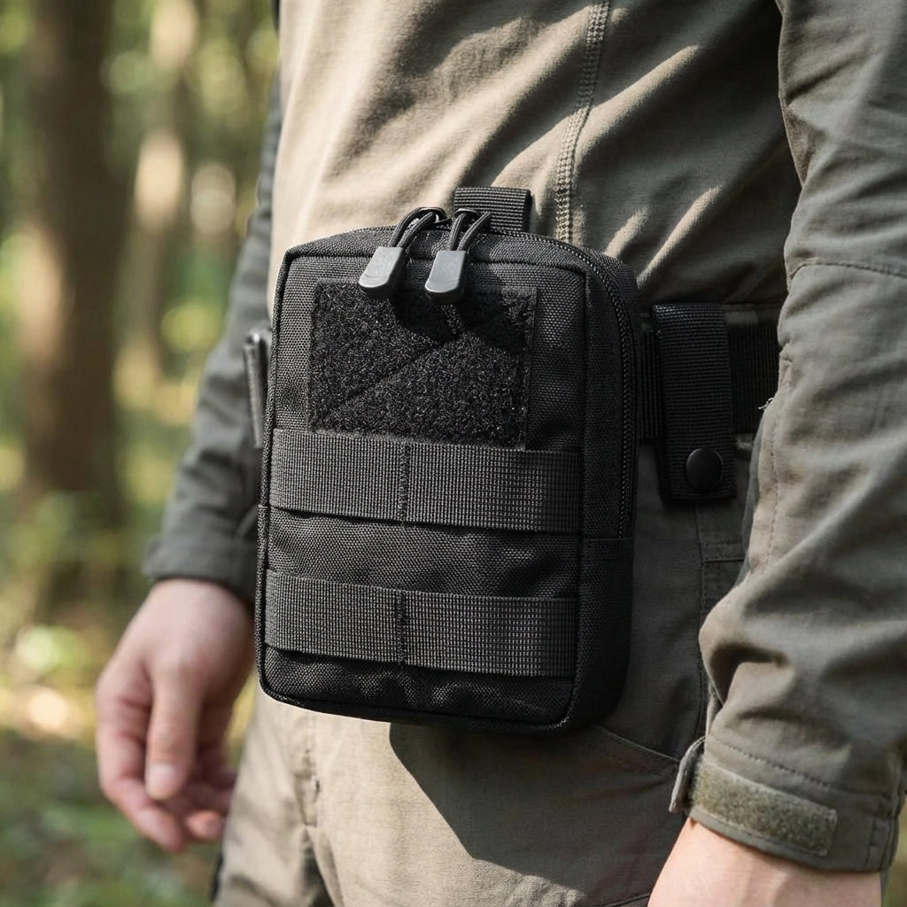 Black tactical MOLLE utility pouch for outdoor gear, hiking, & everyday carry essentials.