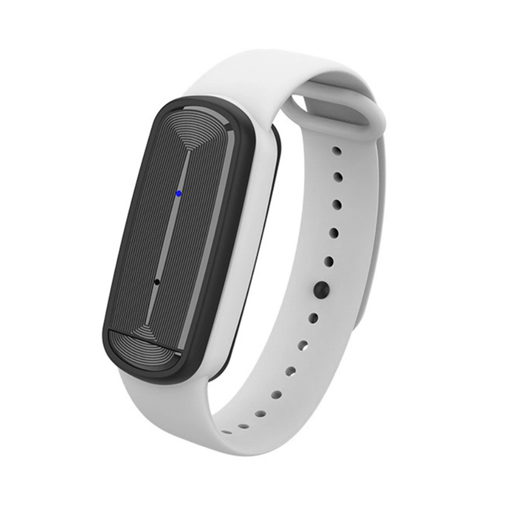 White unisex ultrasonic mosquito repellent band, essential travel gear for pest control.