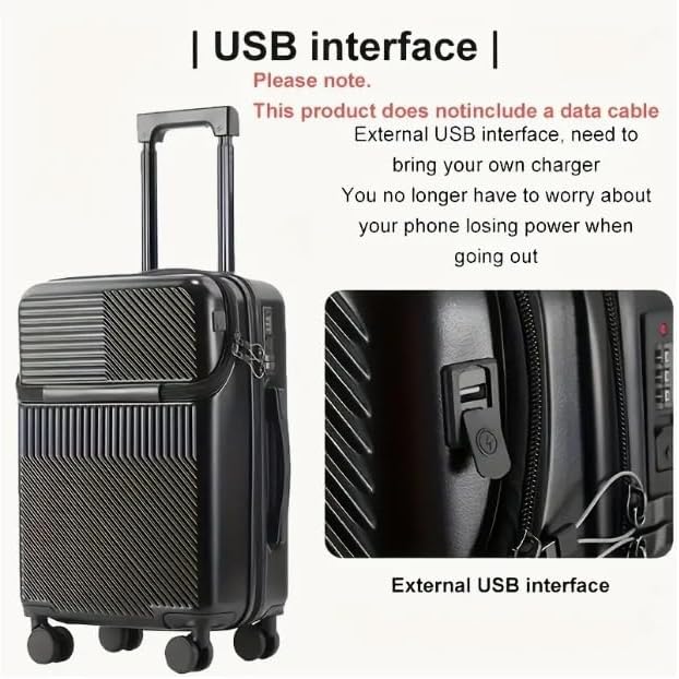 Black hard shell carry-on luggage with smooth 360-degree spinner wheels, offering effortless travel mobility.