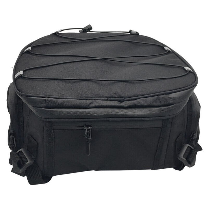 Protective black water-resistant motorcycle gear bag. Ample multi-compartment storage for riders.