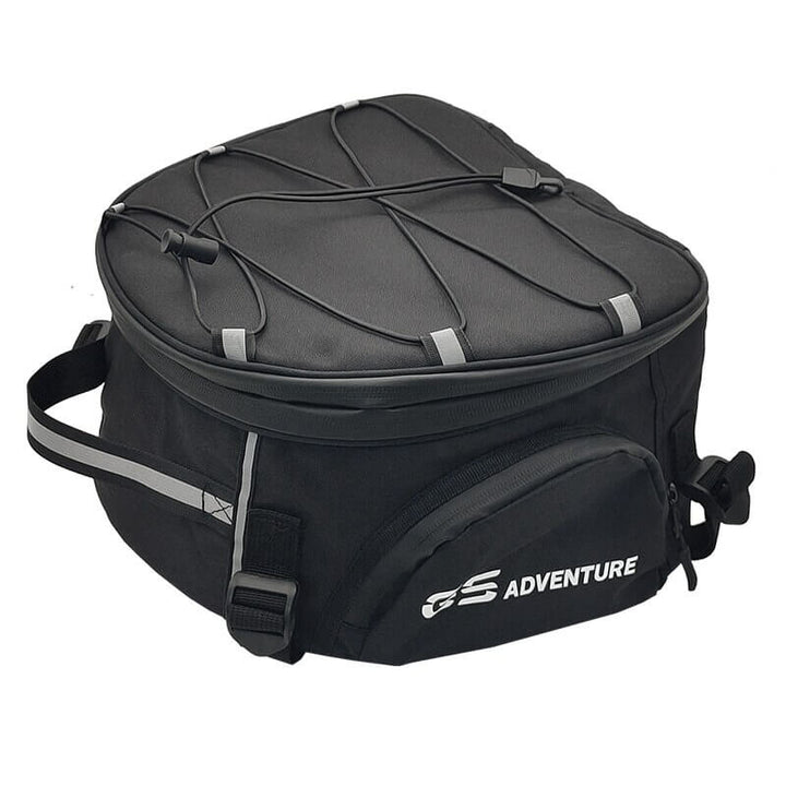 Foldable black water-resistant motorcycle gear bag. Multi-compartment storage for easy travel & rider use.