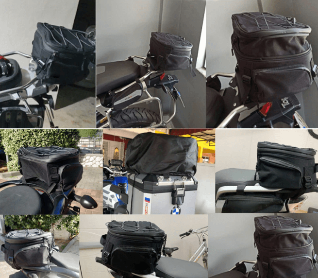 Essential black water-resistant motorcycle gear bag. Multi-compartment storage for protective rider travel.