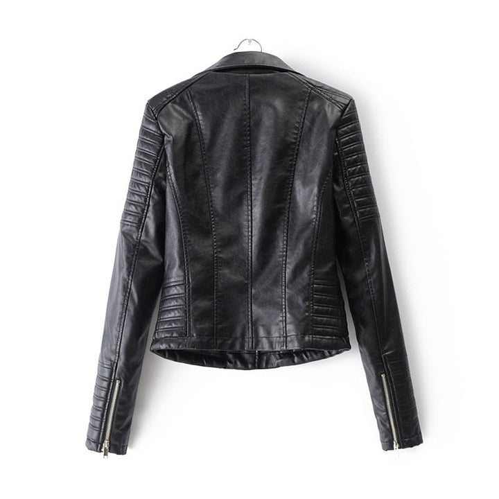 Chic black women's biker jacket. Edgy outerwear, perfect versatile statement piece for fall and spring fashion.