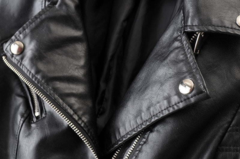 Stylish women's black biker jacket for an edgy look. Versatile fall/spring outerwear, a true fashion statement piece.