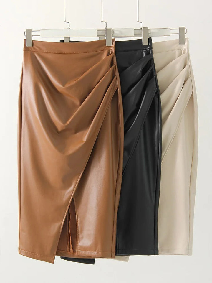 Women's chic sculpted wrap midi skirt, offering an elegant and sophisticated look for various occasions.
