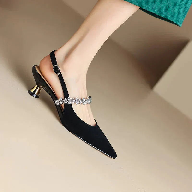 Silver crystal strap pointed toe slingback heels for women. Formal wedding guest shoes, elegant style.