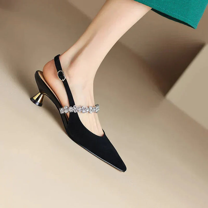 Silver crystal strap pointed toe slingback heels for women. Formal wedding guest shoes, elegant style.