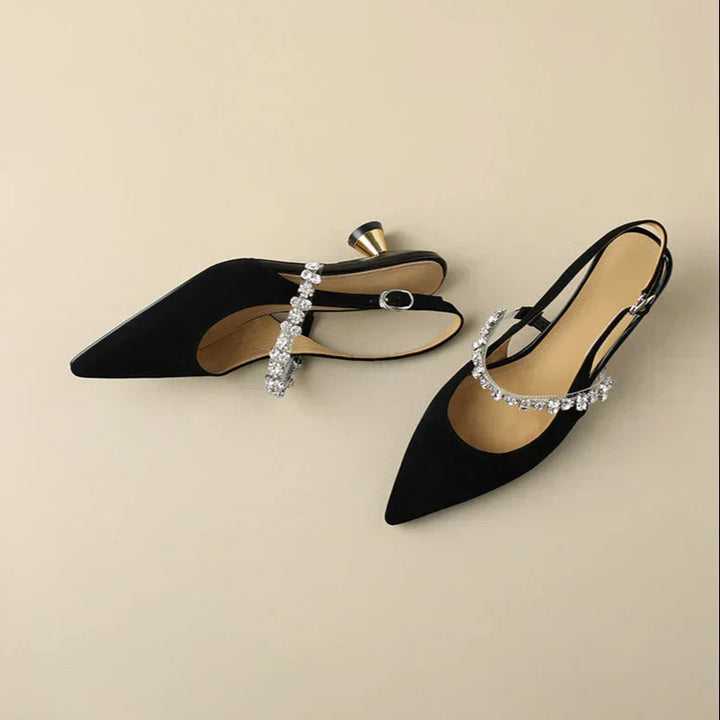 Women's formal crystal strap pointed toe slingback heels. Elegant design for evening fashion & parties.