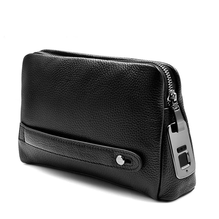 Blackish-blue men's leather anti-theft clutch with secure fingerprint lock, perfect for travel & daily use.