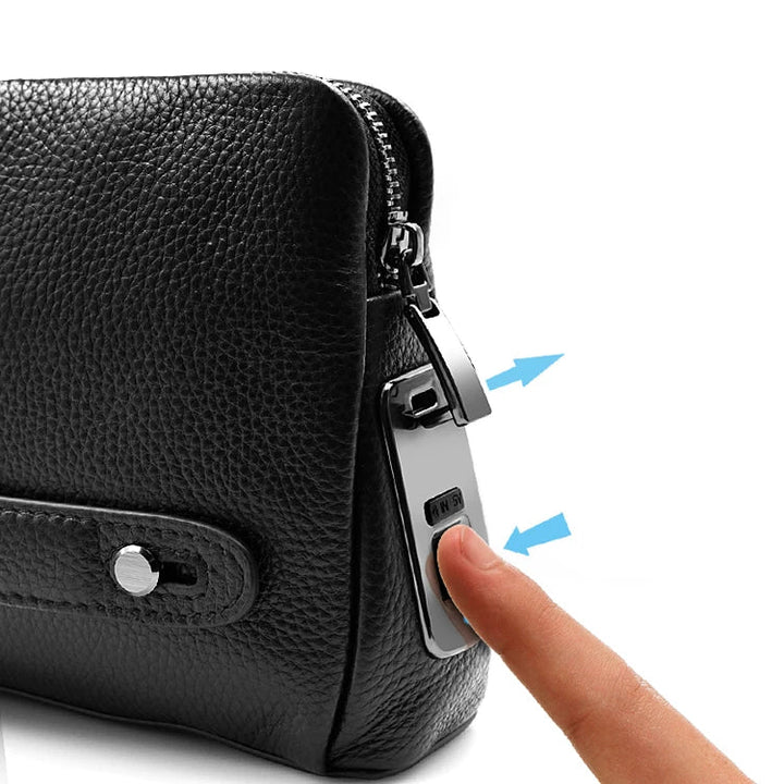 Secure men's leather anti-theft clutch in blackish-blue, featuring advanced biometric fingerprint lock.
