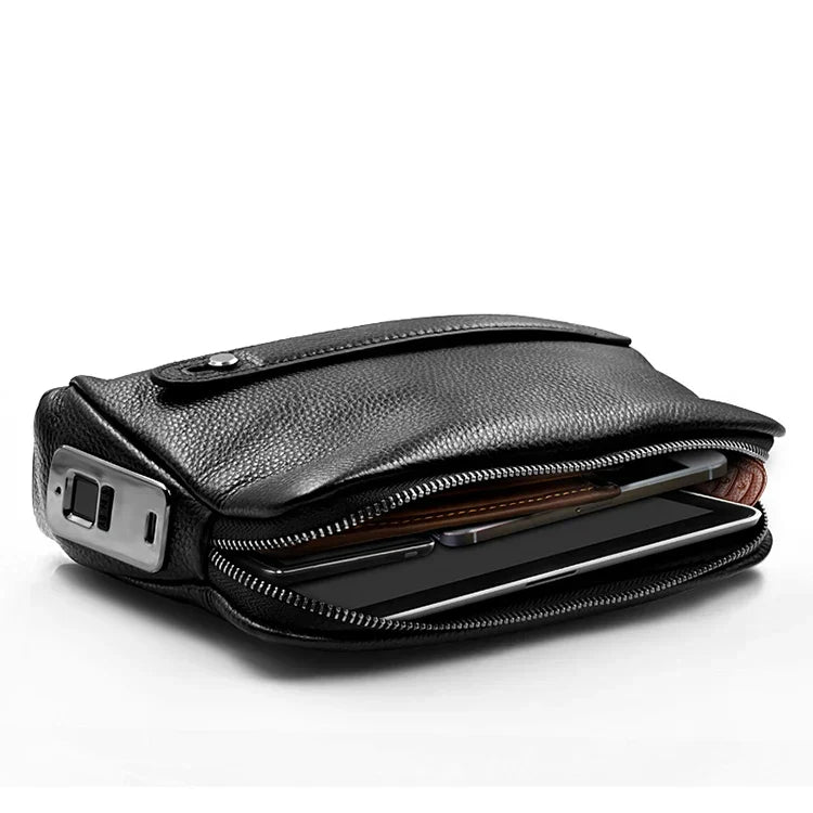 Stylish blackish-blue men's leather clutch, a sleek accessory with a discreet fingerprint anti-theft lock.