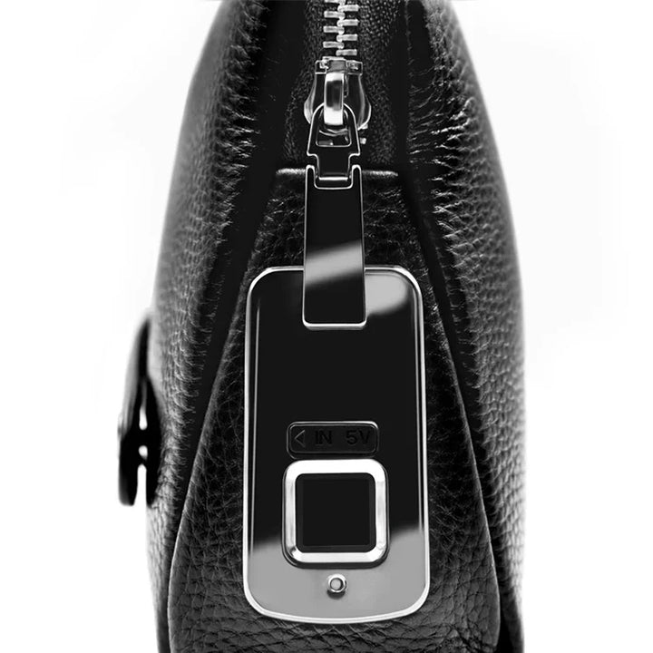 Travel-ready men's blackish-blue leather clutch with fingerprint lock, an essential anti-theft security bag.