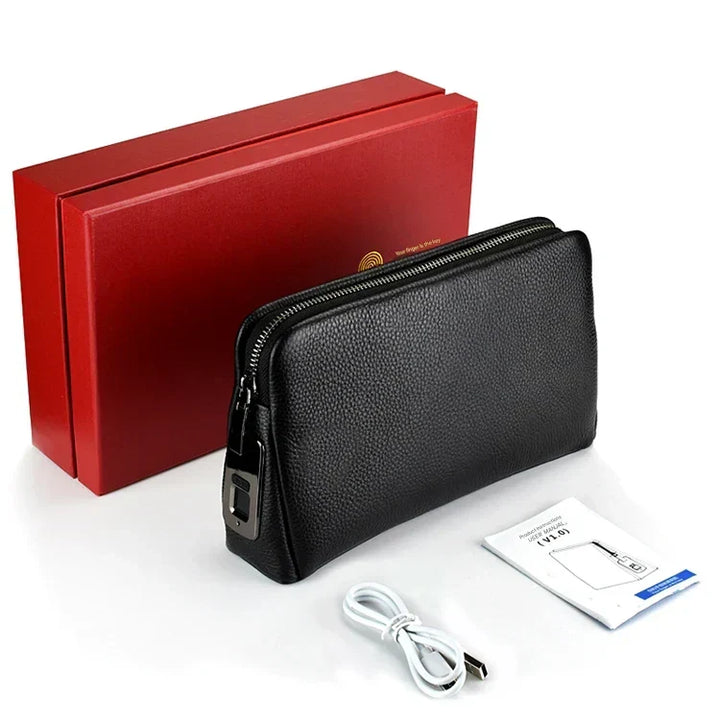 Premium blackish-blue men's leather anti-theft clutch, a modern accessory with fingerprint security.