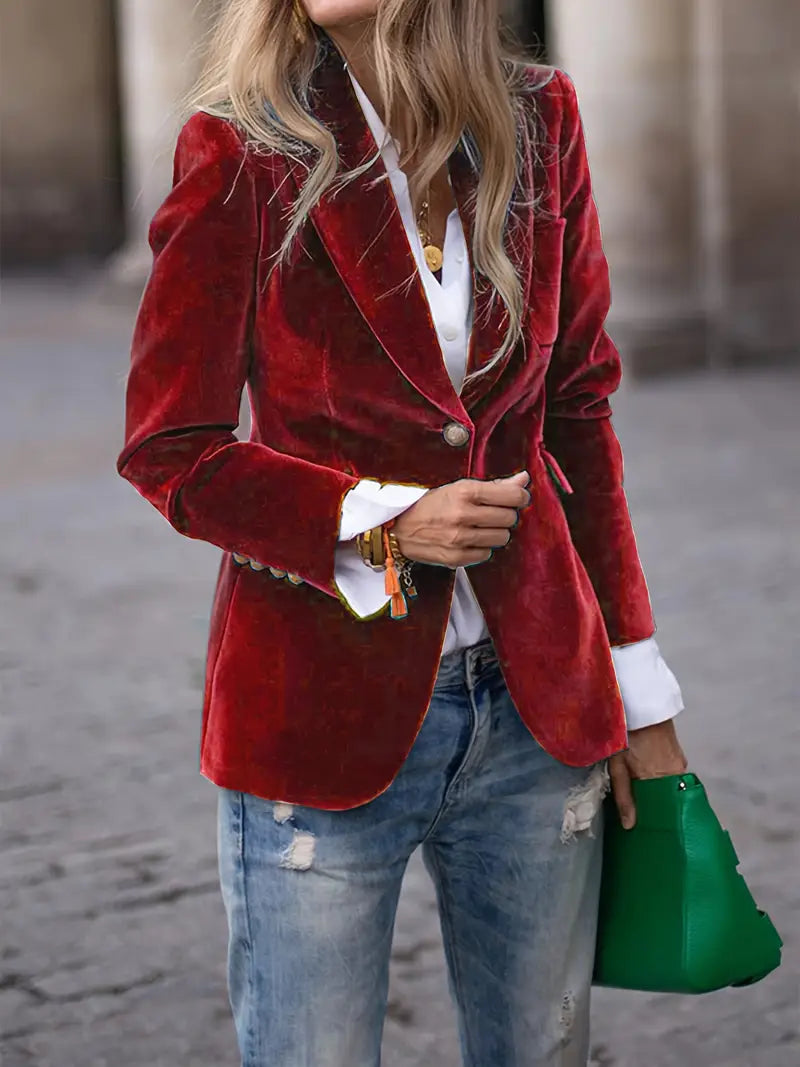 Blazer donna elegante in velluto blu, vestibilità perfetta, design aderente con singolo bottone e finiture vintage.