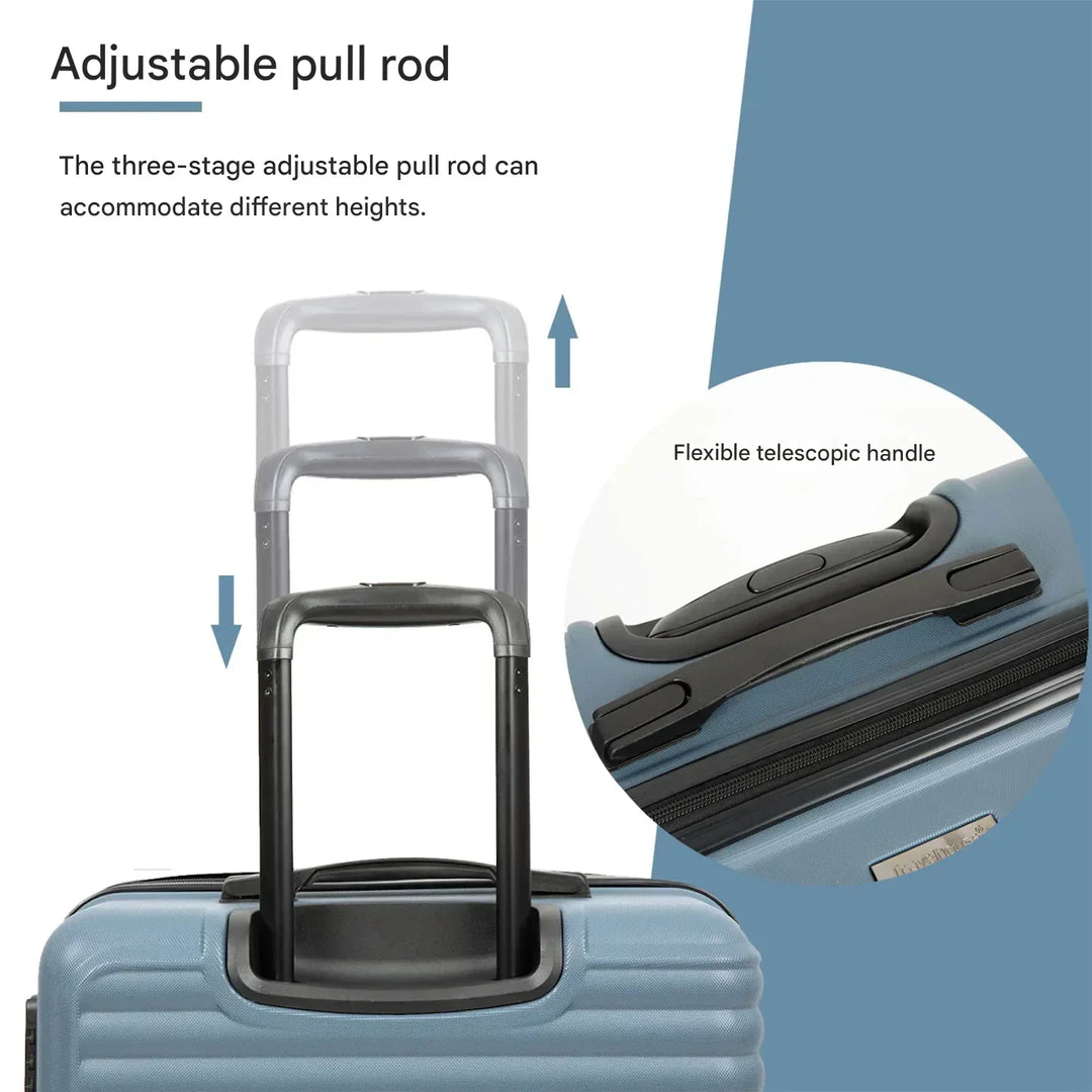 3-piece blue ABS hardshell suitcase set: carry-on, medium, & large checked bags. Smooth spinner wheels.