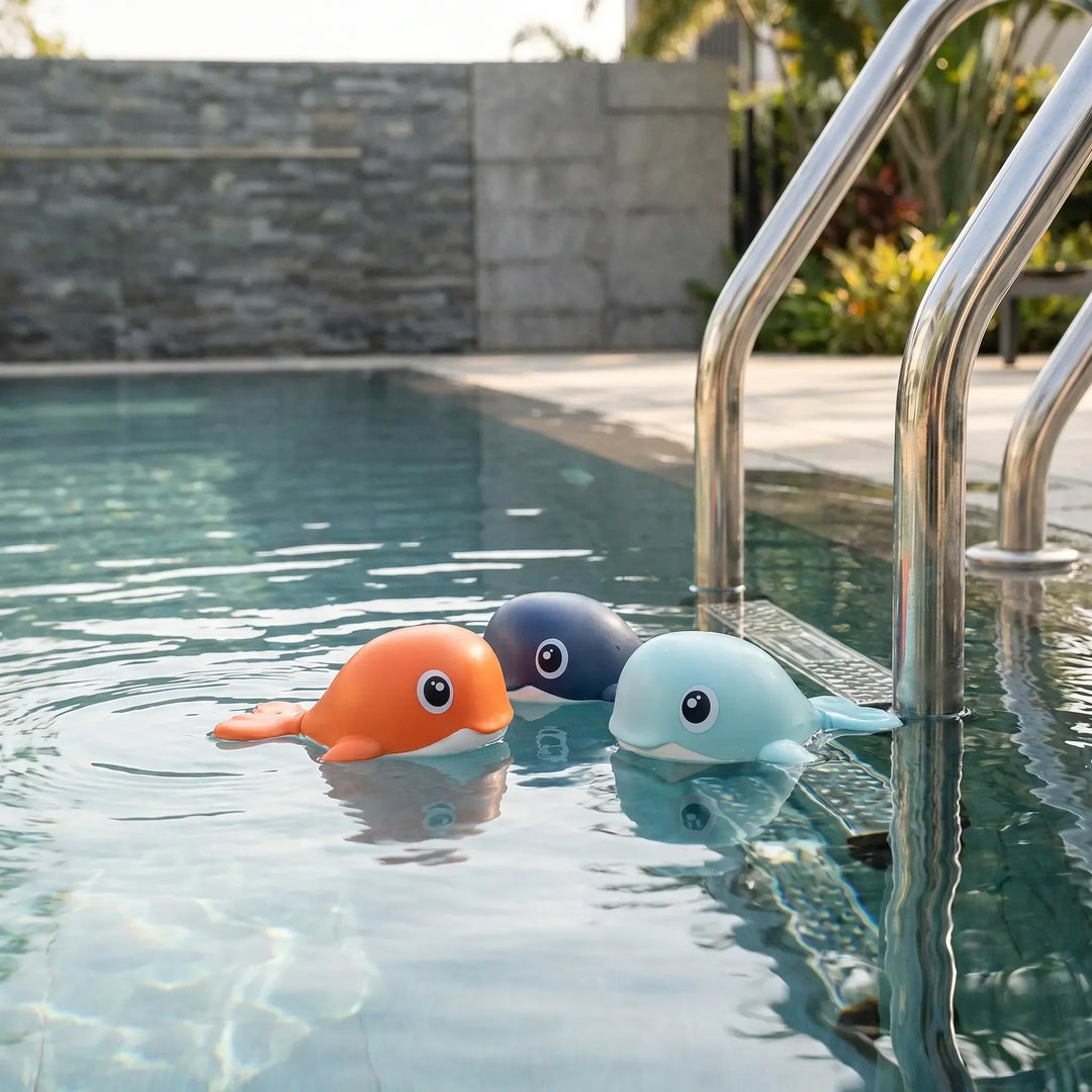 Blue battery-free floating whale bath toy for kids, a wind-up water toy for fun toddler playtime.