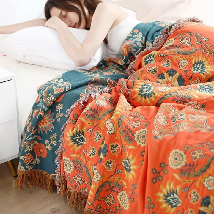 Soft cotton bohemian throw blanket with unique texture, ideal for cozy living room or bedroom home decor. All season.