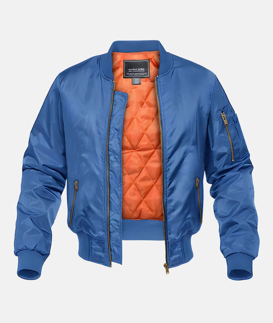 "Bomber da pilota Luxe uomo in nero, verde, blu frontale con polsini e cerniere, stile militare elegante."