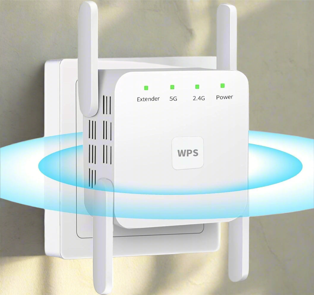 Booster WiFi Dual Band, copertura estesa per segnale wireless potenziato, design compatto e moderno, elimina zone morte.