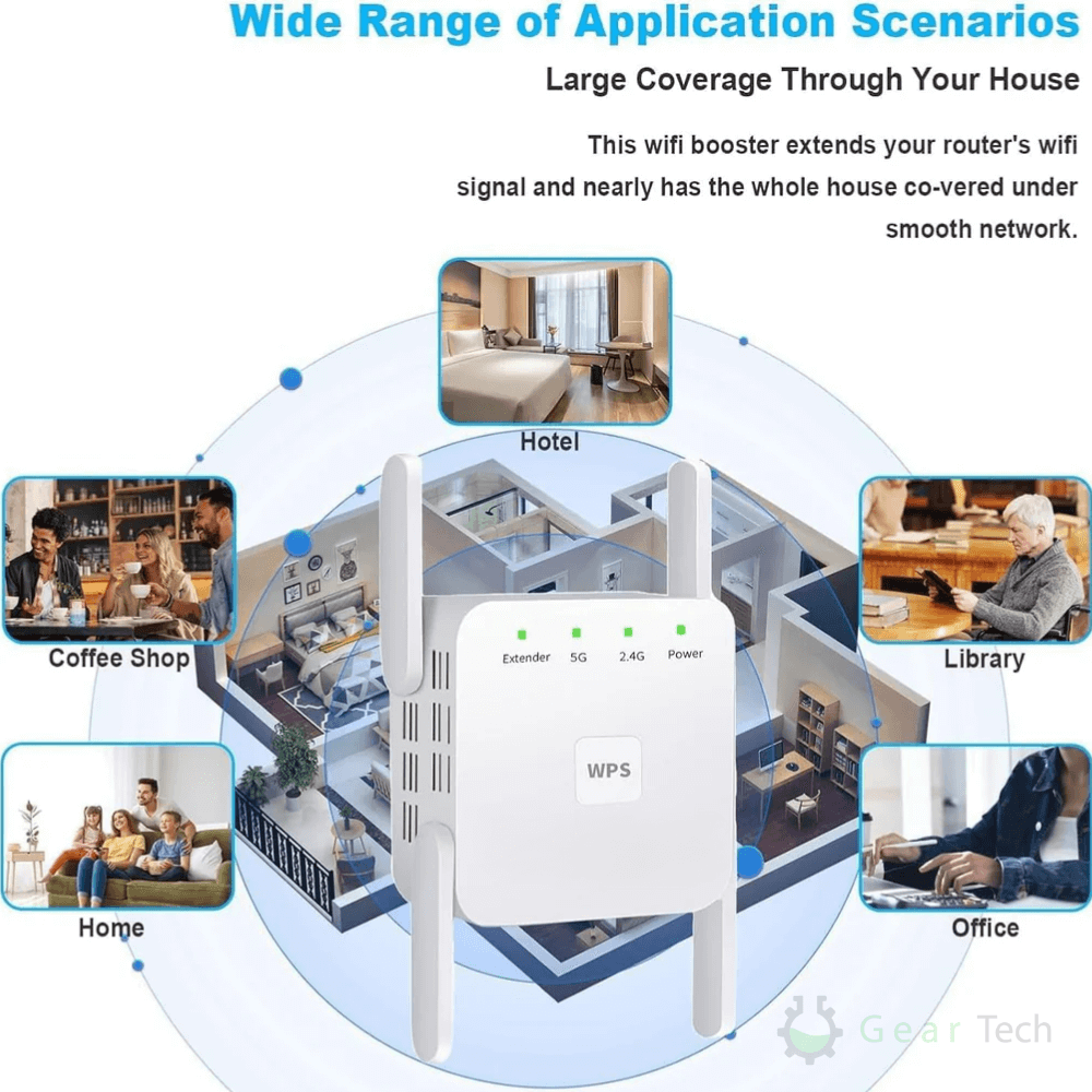 Booster WiFi Dual Band, copertura estesa per segnale wireless potenziato, design compatto e moderno, elimina zone morte.