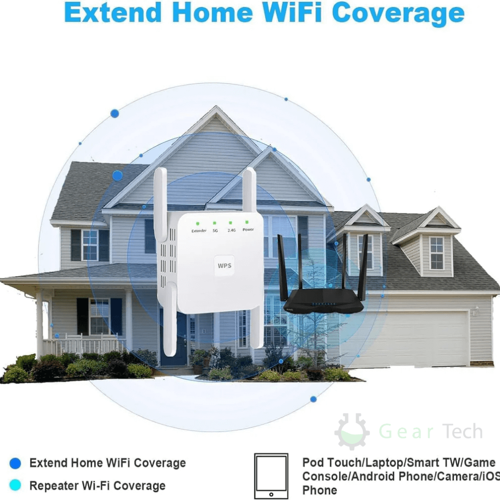 Booster WiFi Dual Band, copertura estesa per segnale wireless potenziato, design compatto e moderno, elimina zone morte.