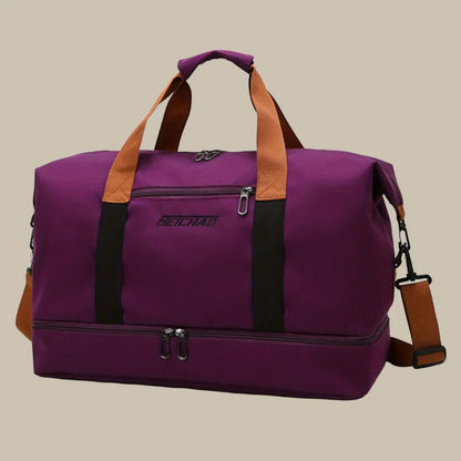 "Borsa arancione uomo elegante e spaziosa, ideale per viaggi, con manici robusti e tessuto di alta qualità."