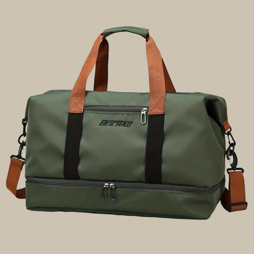 "Borsa arancione uomo elegante e spaziosa, ideale per viaggi, con manici robusti e tessuto di alta qualità."