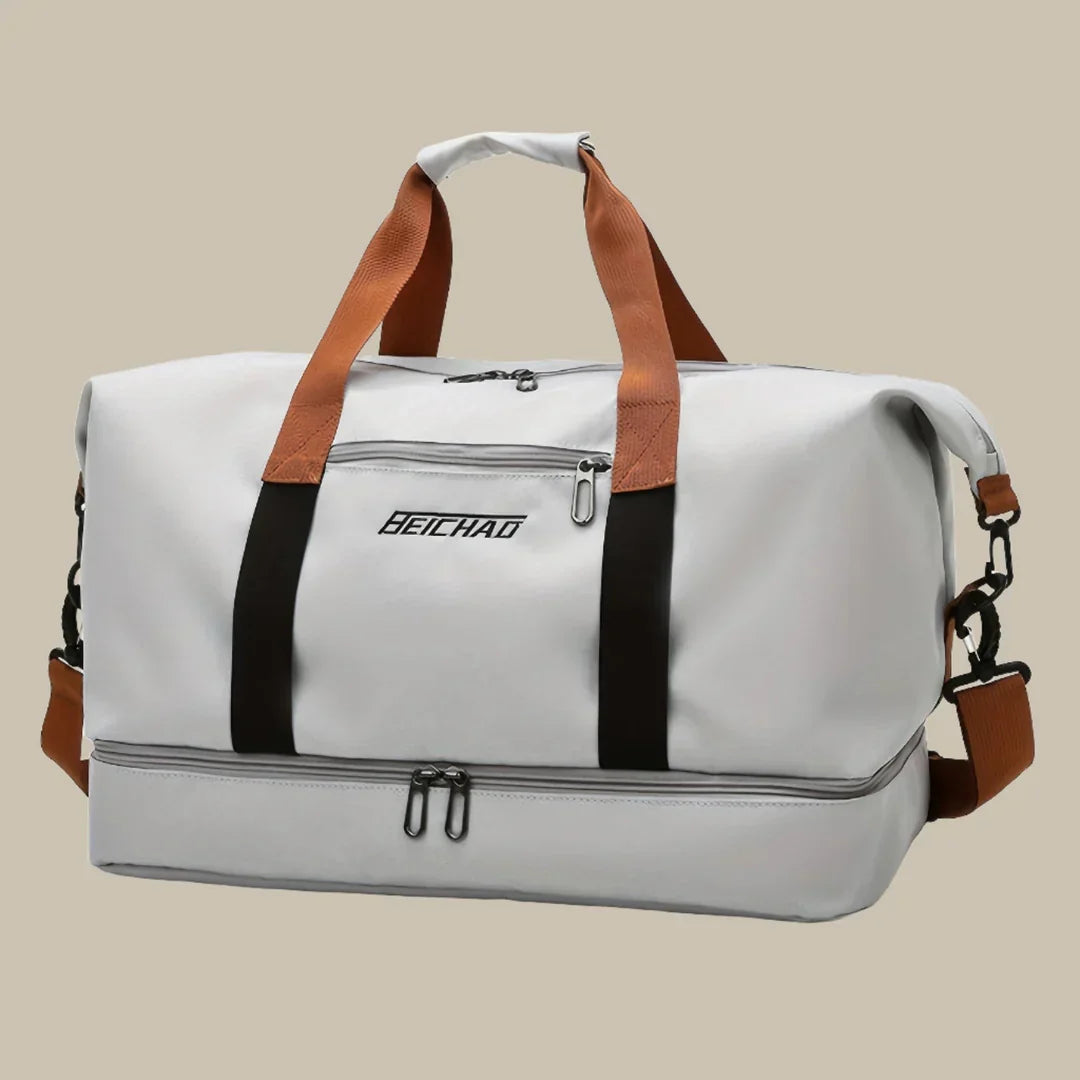 "Borsa arancione uomo elegante e spaziosa, ideale per viaggi, con manici robusti e tessuto di alta qualità."