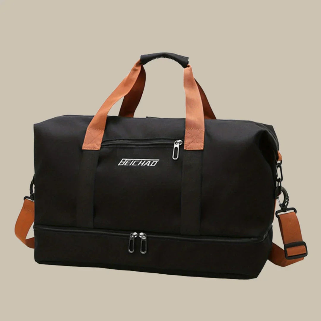 "Borsa arancione uomo elegante e spaziosa, ideale per viaggi, con manici robusti e tessuto di alta qualità."