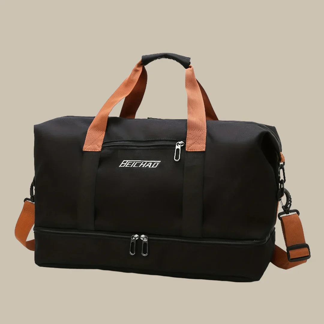 "Borsa arancione uomo elegante e spaziosa, ideale per viaggi, con manici robusti e tessuto di alta qualità."