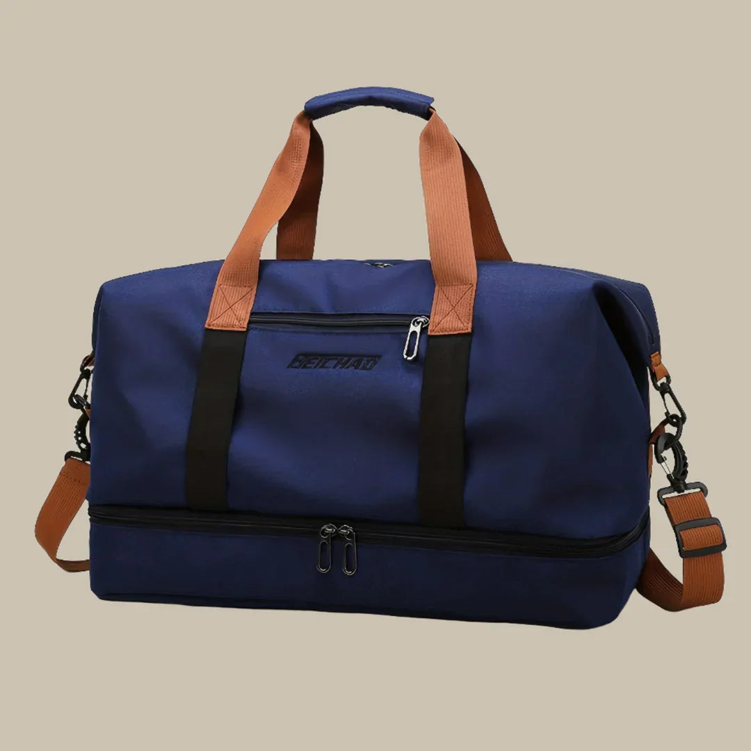 "Borsa arancione uomo elegante e spaziosa, ideale per viaggi, con manici robusti e tessuto di alta qualità."