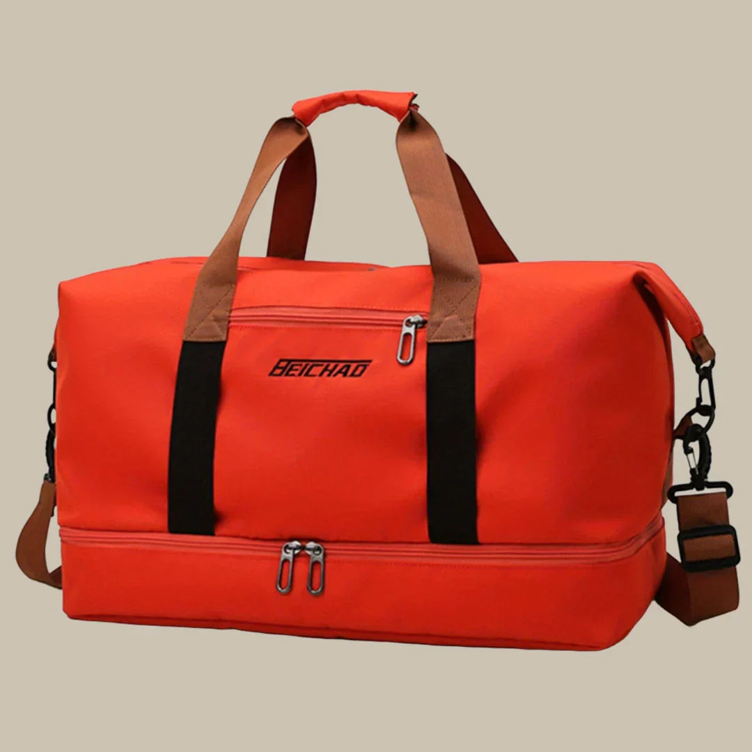 "Borsa arancione uomo elegante e spaziosa, ideale per viaggi, con manici robusti e tessuto di alta qualità."