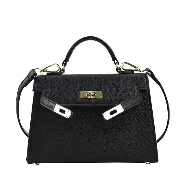 "Borsa donna elegante in stile Kelly, tracolla regolabile, texture lussuosa, colori bianco, cachi, marrone, nero, verde."