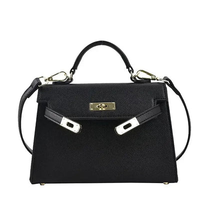 "Borsa donna elegante in stile Kelly, tracolla regolabile, texture lussuosa, colori bianco, cachi, marrone, nero, verde."