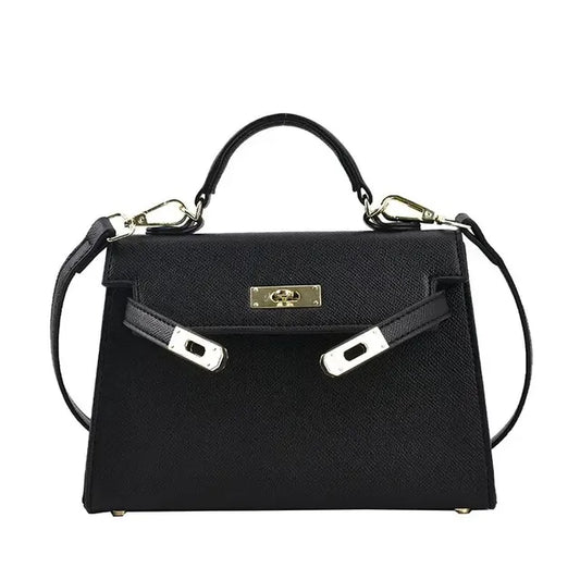 "Borsa donna elegante in stile Kelly, tracolla regolabile, texture lussuosa, colori bianco, cachi, marrone, nero, verde."