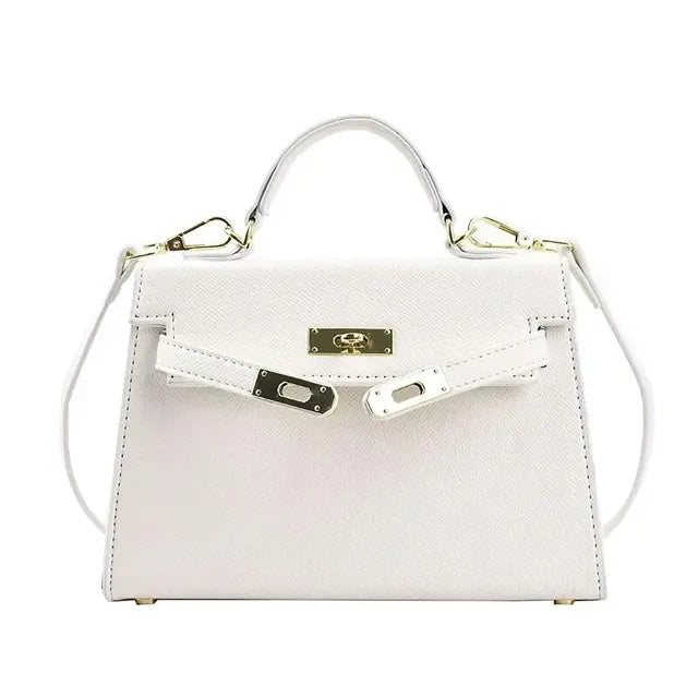 "Borsa donna elegante in stile Kelly, tracolla regolabile, texture lussuosa, colori bianco, cachi, marrone, nero, verde."