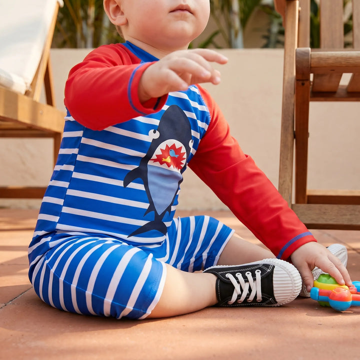 Boys' fun cartoon swimsuit set with UPF 50+ sun hat for beach & pool. Quick-dry toddler UV protection swimwear.