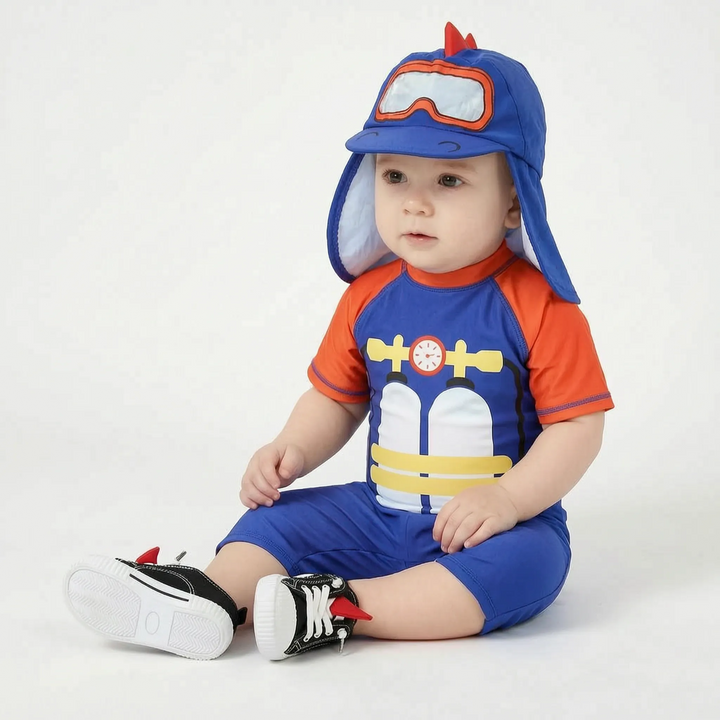 Comfortable boys' cartoon swim set with matching UPF 50+ sun hat. UV protection beachwear for toddlers. Quick-dry.