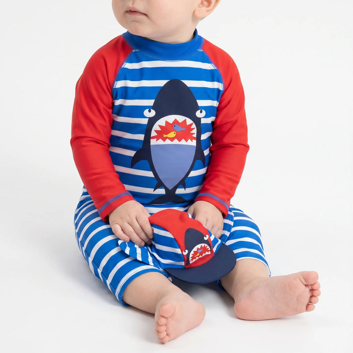 Toddler boys' cartoon print 2-piece swimsuit set with matching UPF 50+ sun hat. Kids UV protection beachwear.