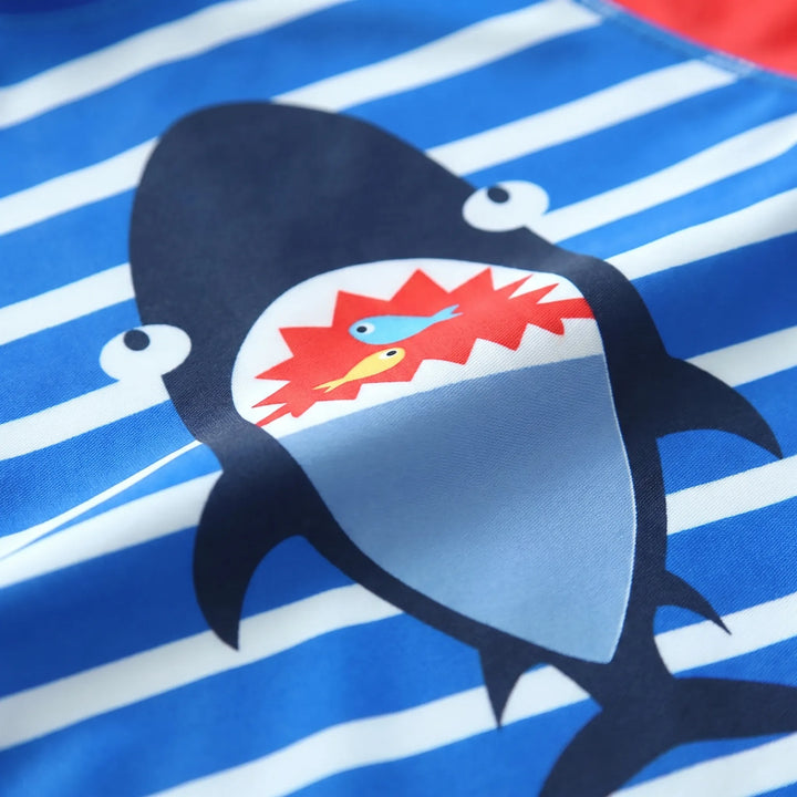 Kids' boys' cartoon swim set and matching sun hat. UPF 50+ UV protection swimwear for summer beach & pool fun.