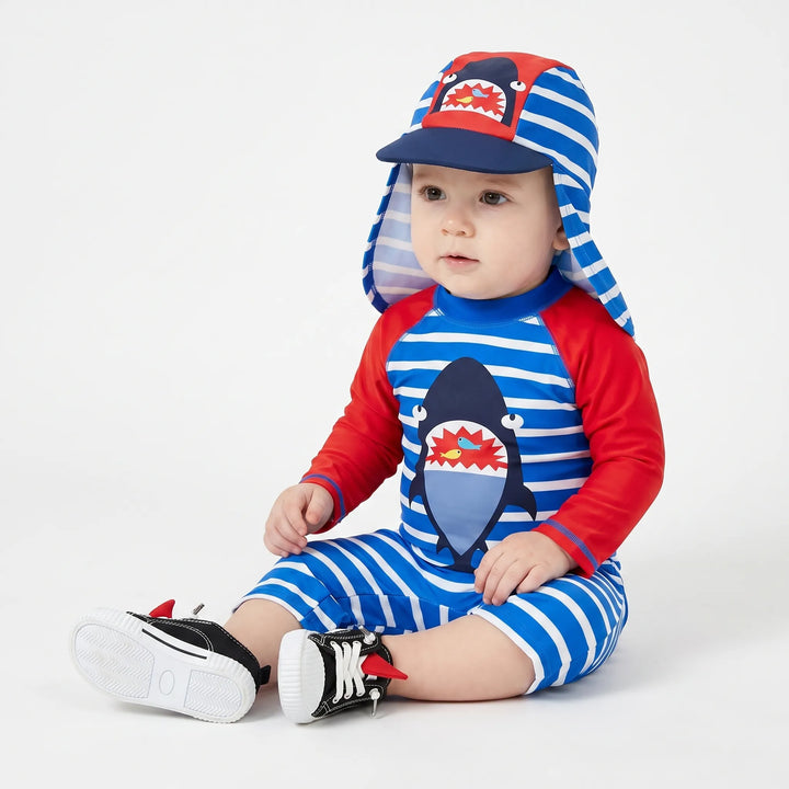 Fun cartoon toddler boys' swim set with UV protective matching hat. UPF 50+ sun protection for kids' beach adventures.