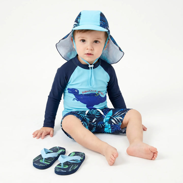 Boys' UV protection cartoon swimsuit set, perfect for beach & pool. Includes quick-dry top, shorts & UPF 50+ hat.