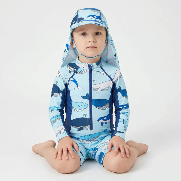 Boys' full coverage cartoon swimsuit set and matching UV sun hat. UPF 50+ protection for safe beach and pool play.
