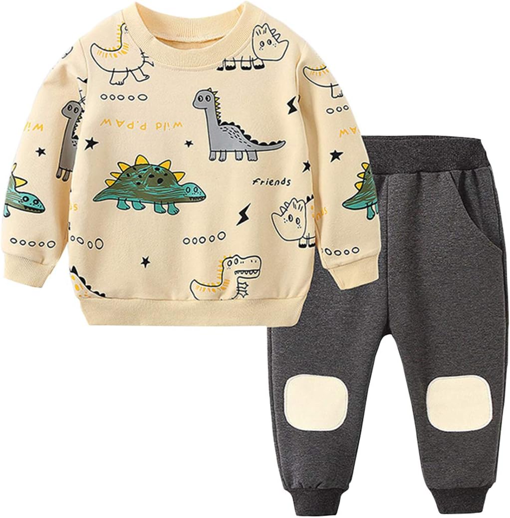 Kids' fashion: boys' long sleeve adventure outfit with cool dinosaur print.