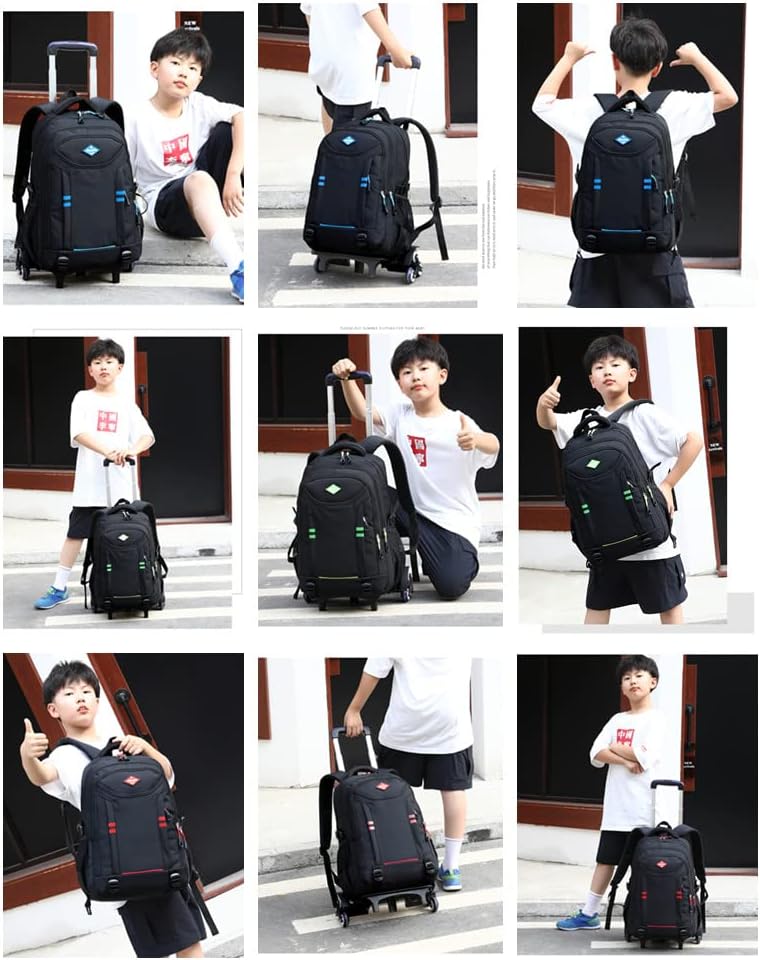 Boys' multi-pocket rolling school bag. Convertible trolley backpack, durable for school & travel, easy to carry luggage.