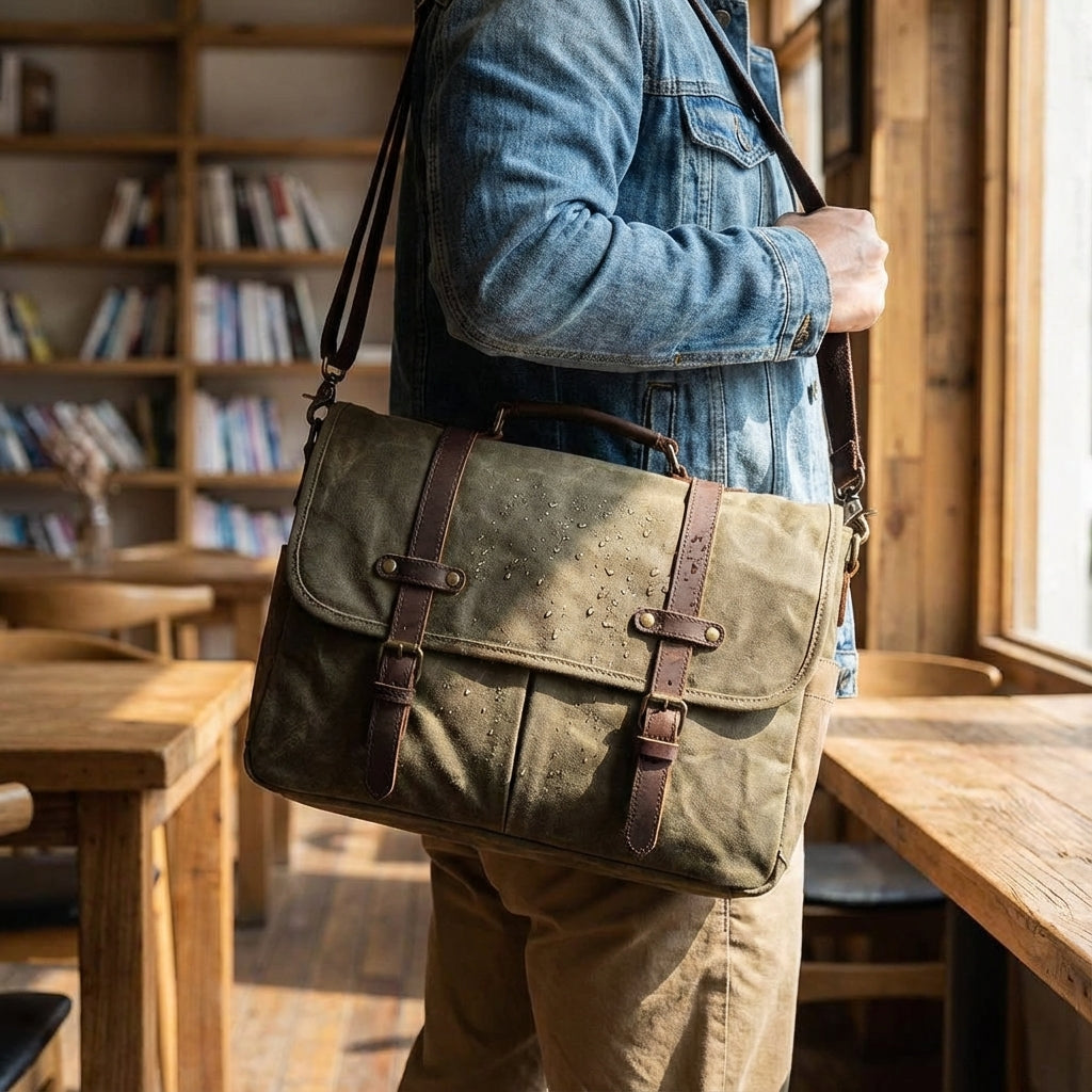 Brown genuine leather men's messenger bag for daily carry. Organized shoulder & crossbody style, durable for travel.