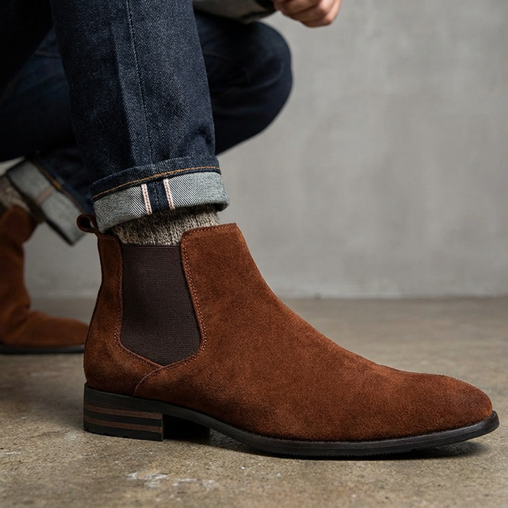 Brown men's versatile comfort ankle boots with wedge heel, durable for daily wear & outdoor adventures.