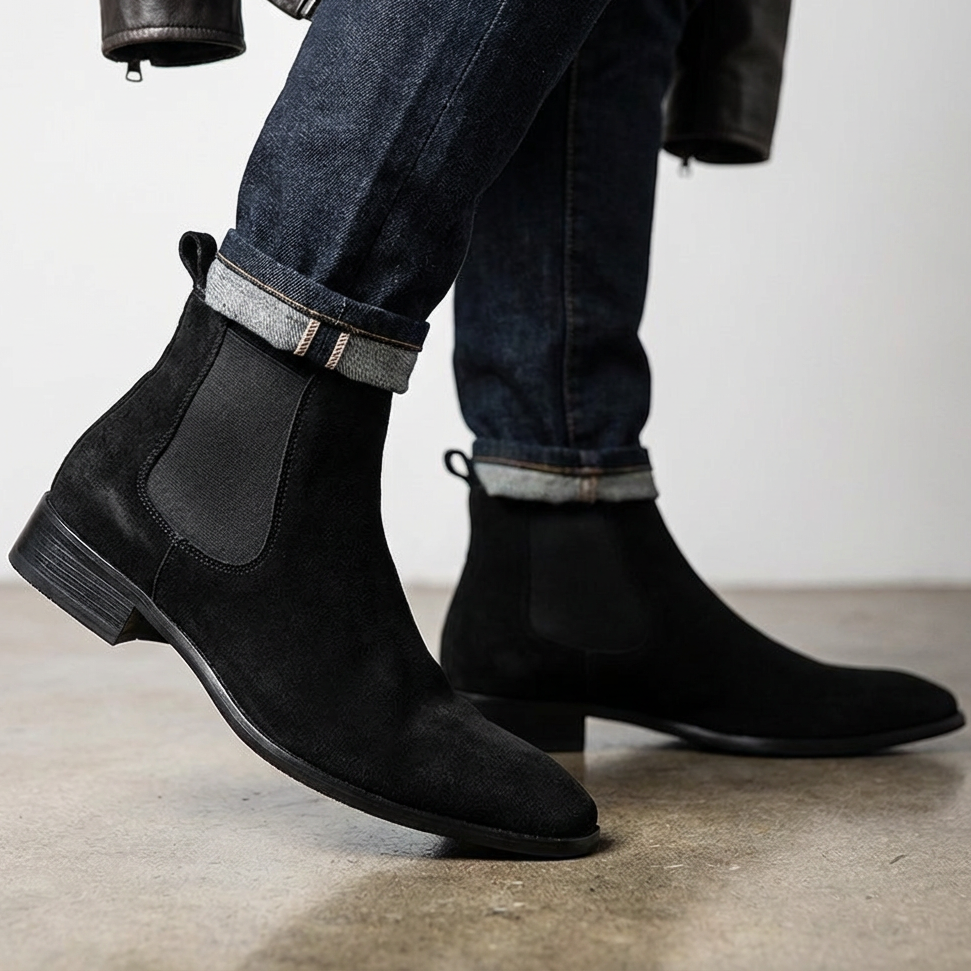 Beige men's comfort outdoor boots, ankle-height with wedge heel, perfect for adventures.