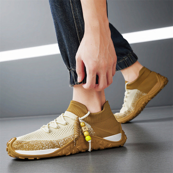 Mens brown walking shoes, cushioned for comfort & lightweight, urban casual.
